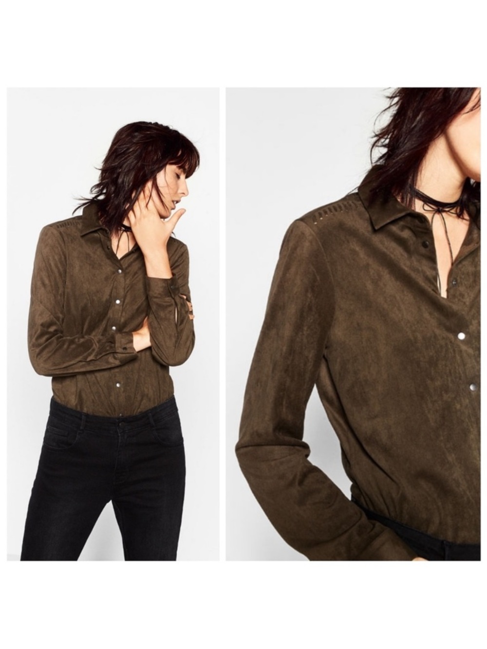 Zara Faux Suede Green Button Down Size S